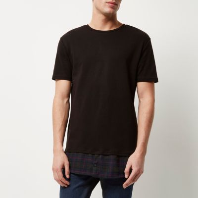 Black checked mock shirt longline t-shirt